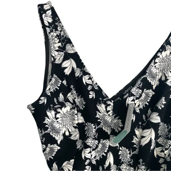 Soloiste Audrey Knit Sleeveless Black White Floral Flare V-Neck Dress New Sz S - Picture 5 of 16